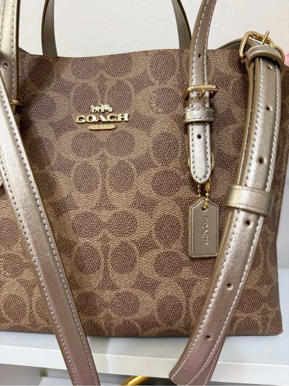Coach Brown Signature Satchel With Lt Champagne Straps  and Bottom